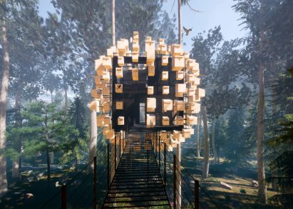 Render of Biosphere from the suspended bridge entrance