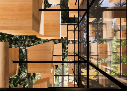 Birdhouses protrude from the exterior of the hotel room