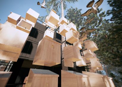 Render of birds entering the birdhouses