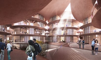 Interior render of the public atrium at The Danish Neuroscience Center