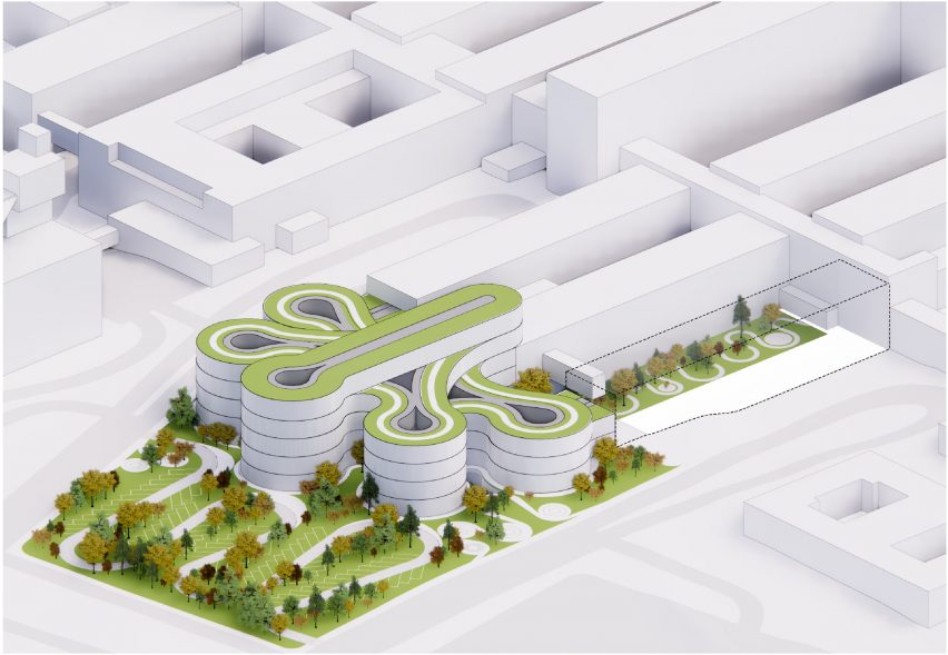 Isometric drawing of the The Danish Neuroscience Center in Aarhus that was designed by BIG