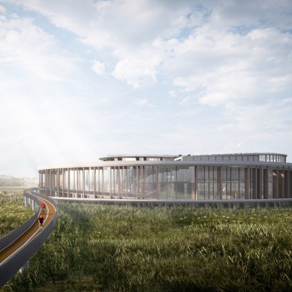 Cycle ramp leading into Brompton factory and headquarters in Ashford by Hollaway Studio