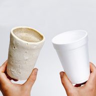 Chitofoam cup by Doppelgänger made from mealworm exoskeleton next to a polystyrene cup