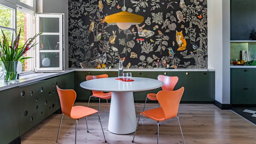 Yellow Hoxton light by Innermost used over a dining table
