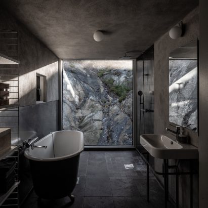 Dark bathroom with freestanding tub