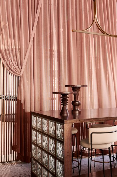 Tables with glass block ends