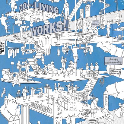 Illustration of a co-living proposal by The Workhome Project