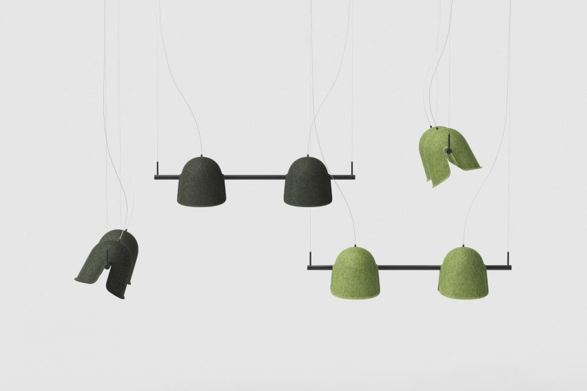 Grey and green Pivot PET felt adjustable lamp duo by De Vorm on a grey backdrop