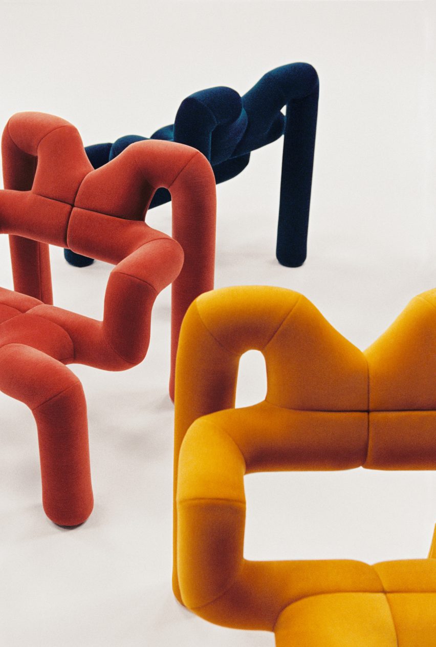 Close up of yellow, rose and blue Ekstrem chairs