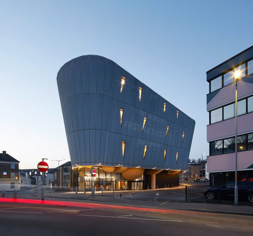 Night view of F51 multi-storey skatepark in Folkestone by Hollaway Studio