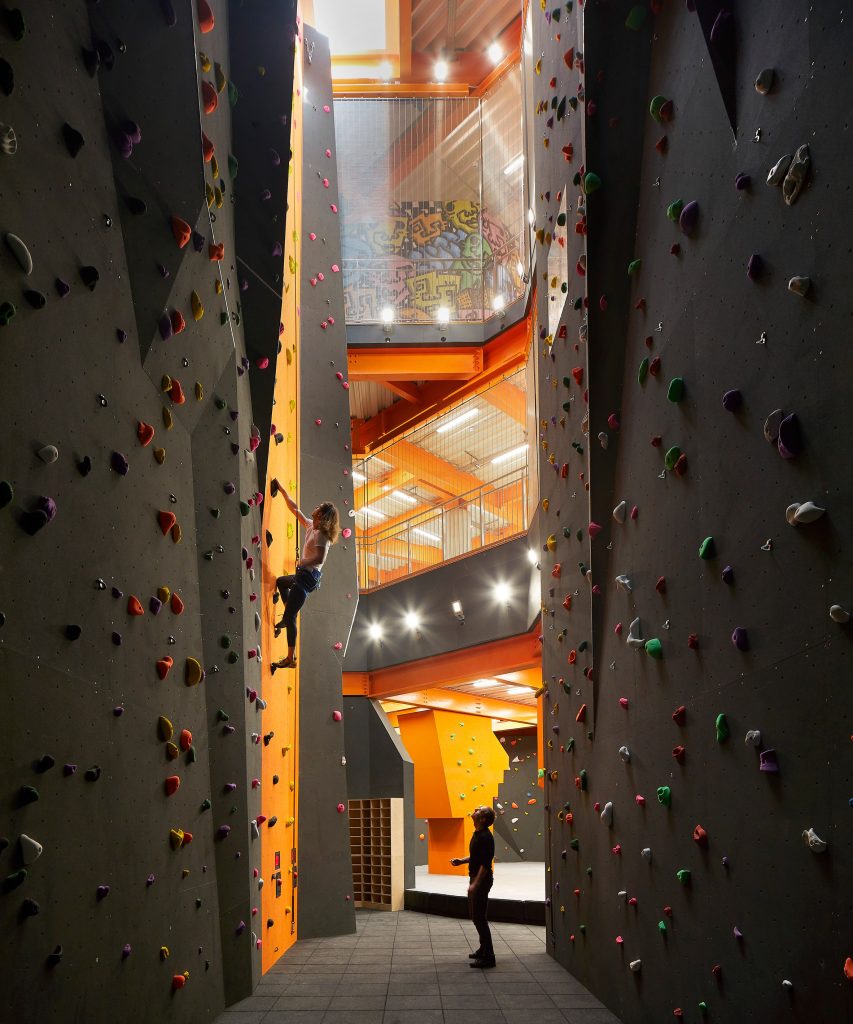 Climbing wall in F51 multi-storey skatepark in Folkestone by Hollaway Studio