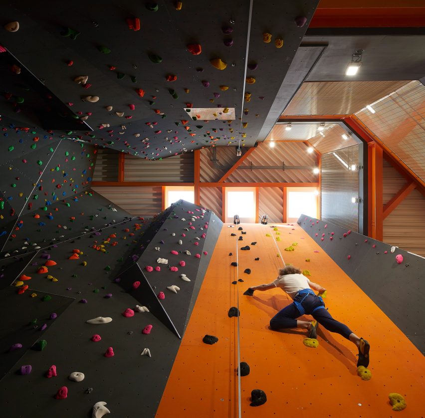 Climbing wall in F51 multi-storey skatepark in Folkestone by Hollaway Studio