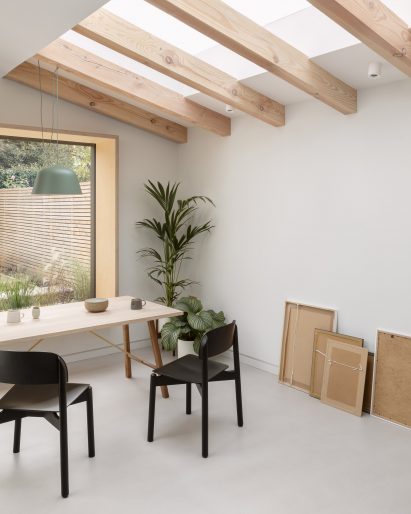 Dining room with exposed structure