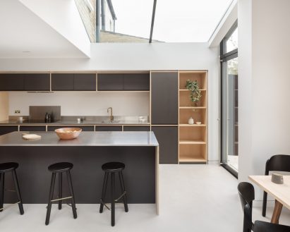 White kitchen with black cabinetry