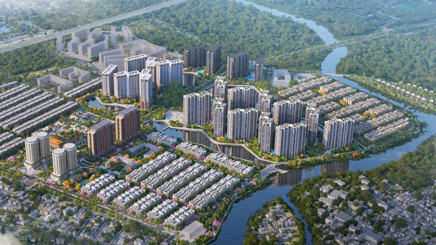 Aerial render of The Global City by Foster + Partners