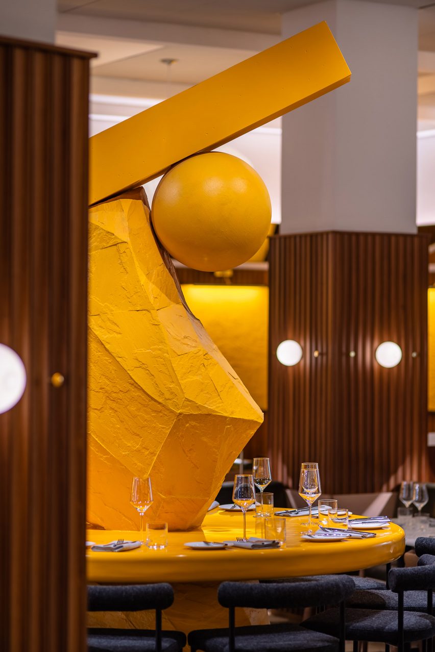Yellow rock sculture in One Hundred Shoreditch