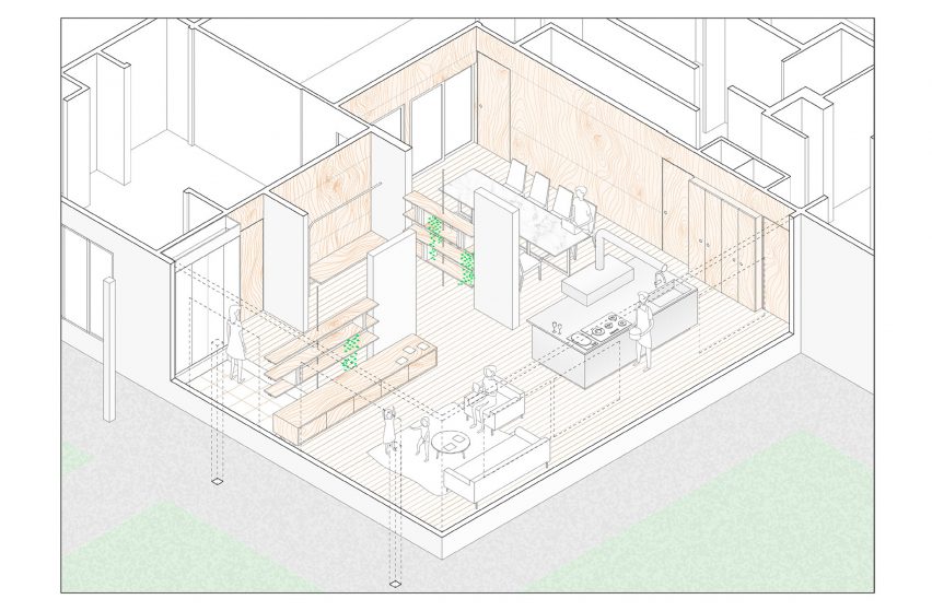 Axonometric diagram, House in Honjo by Jorge Almazán Architects