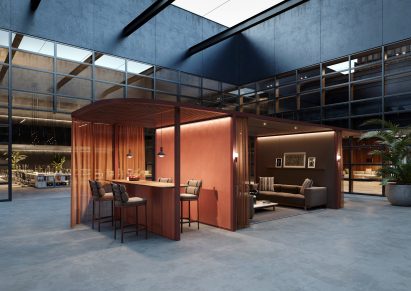 Hub Curved by Kettal in red used in an open plan office