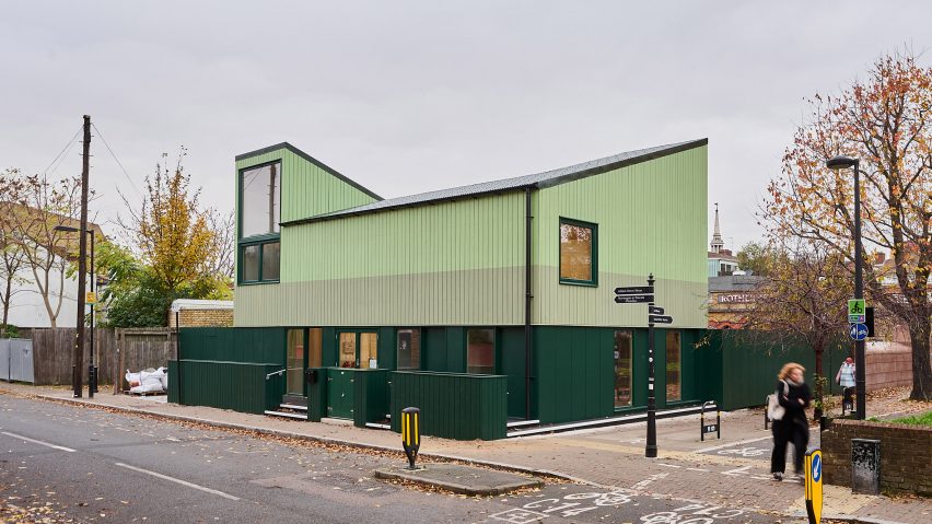Image of the green painted building from the street