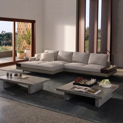Kato sofa by King in a muted living room with double chaise module