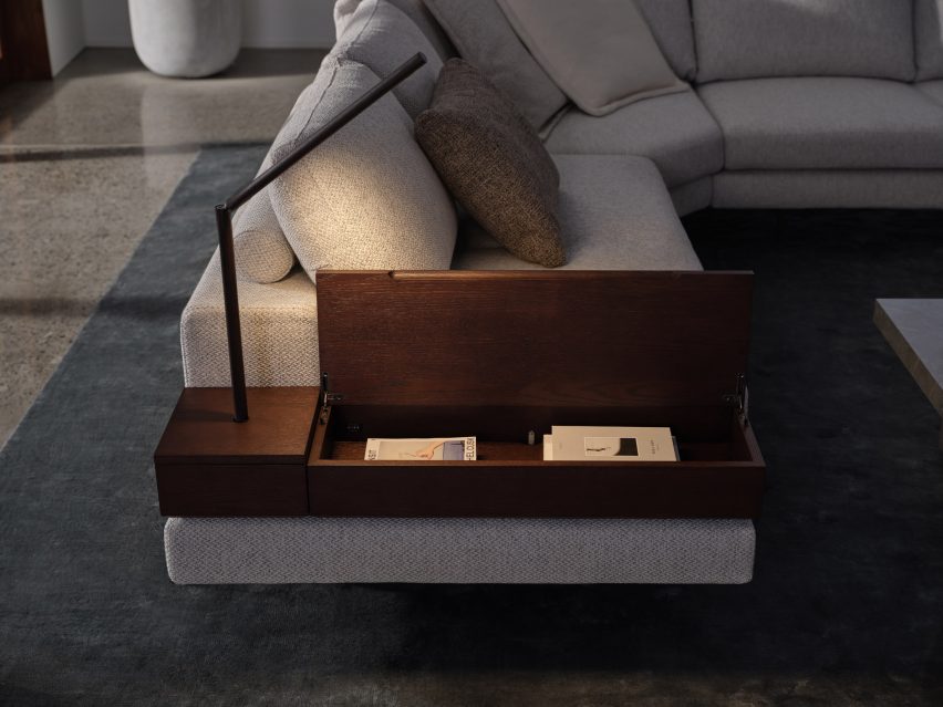 Close up of the wooden storage insert in the Kato sofa