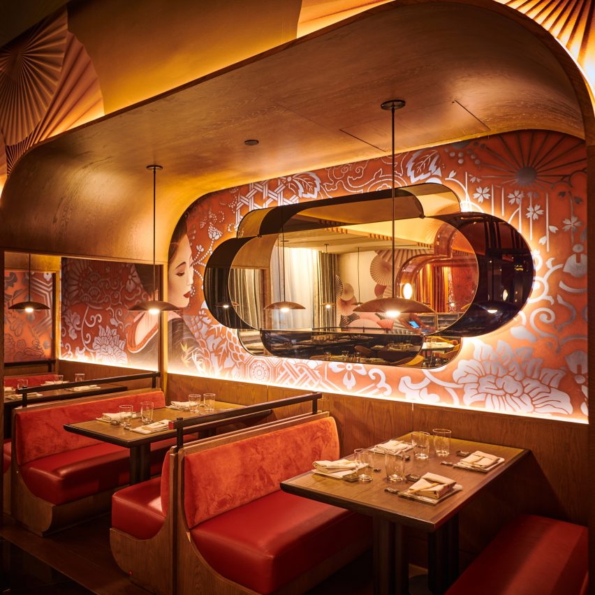 Booth seating against patterned wall