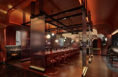 Red-toned central dining room
