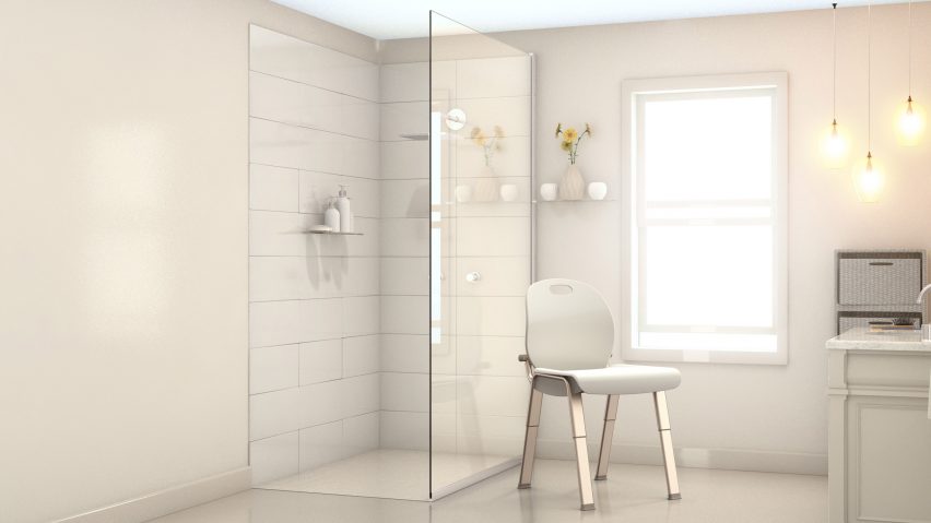 A chair in a white bathroom