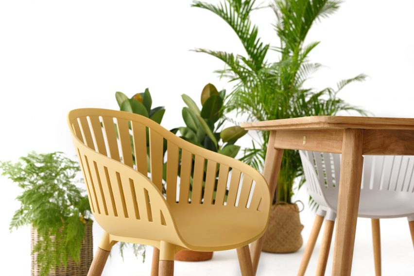 Gridded yellow plastic shell of Nassau outdoor seating