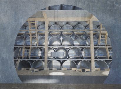 Visualisation of the interior of the Nord Stream 3 headquarters combining sleeping pods with a long table at ground level
