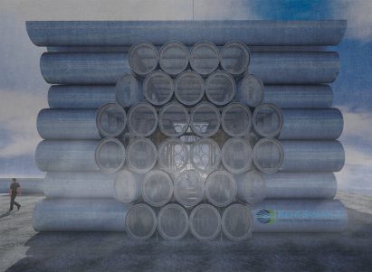 Visualisation of a structure made of gas pipelines pipes, with openings forming porthole windows