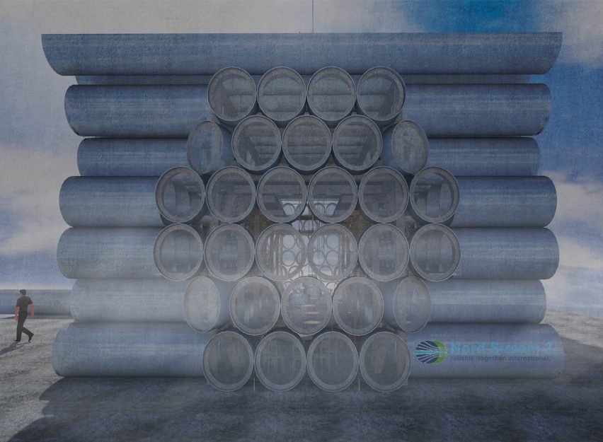 Visualisation of a structure made of gas pipelines pipes, with openings forming porthole windows
