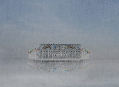 Opposite Office's visualisation of the exterior of Nord Stream 3 headquarters surrounded by international flags