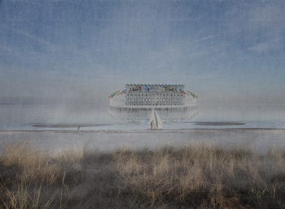 Nord Stream 3 visualisation showing a structure of stacked pipes surrounded by flags from many nations