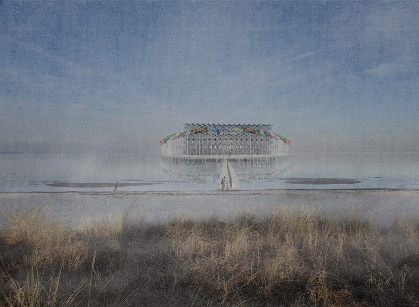 Nord Stream 3 visualisation showing a structure of stacked pipes surrounded by flags from many nations