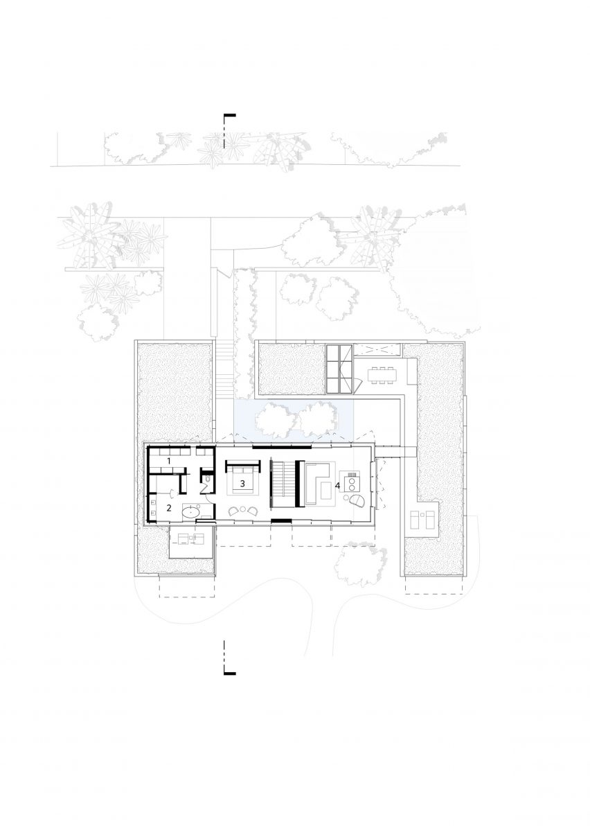 Upper level floor plan of Bilgola Beach House by Olson Kundig Architects