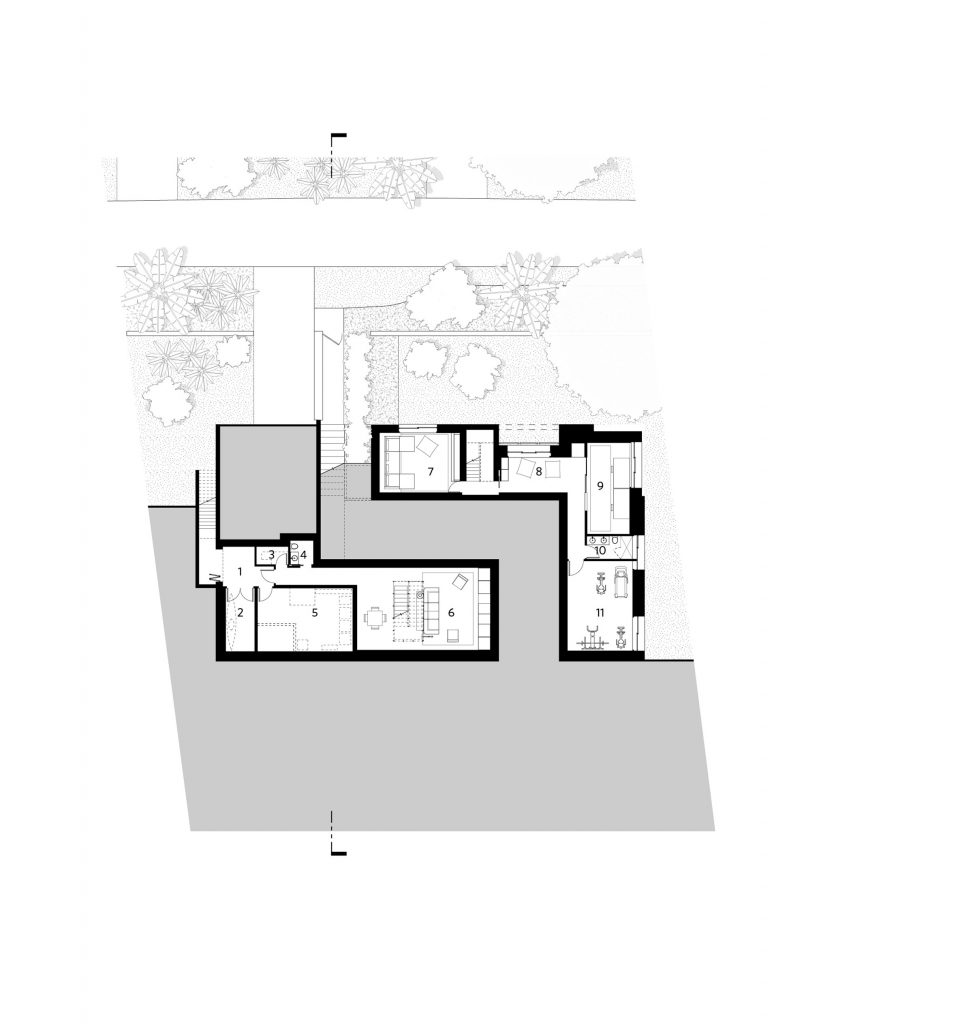 Lower level floor plan of Bilgola Beach House by Olson Kundig Architects