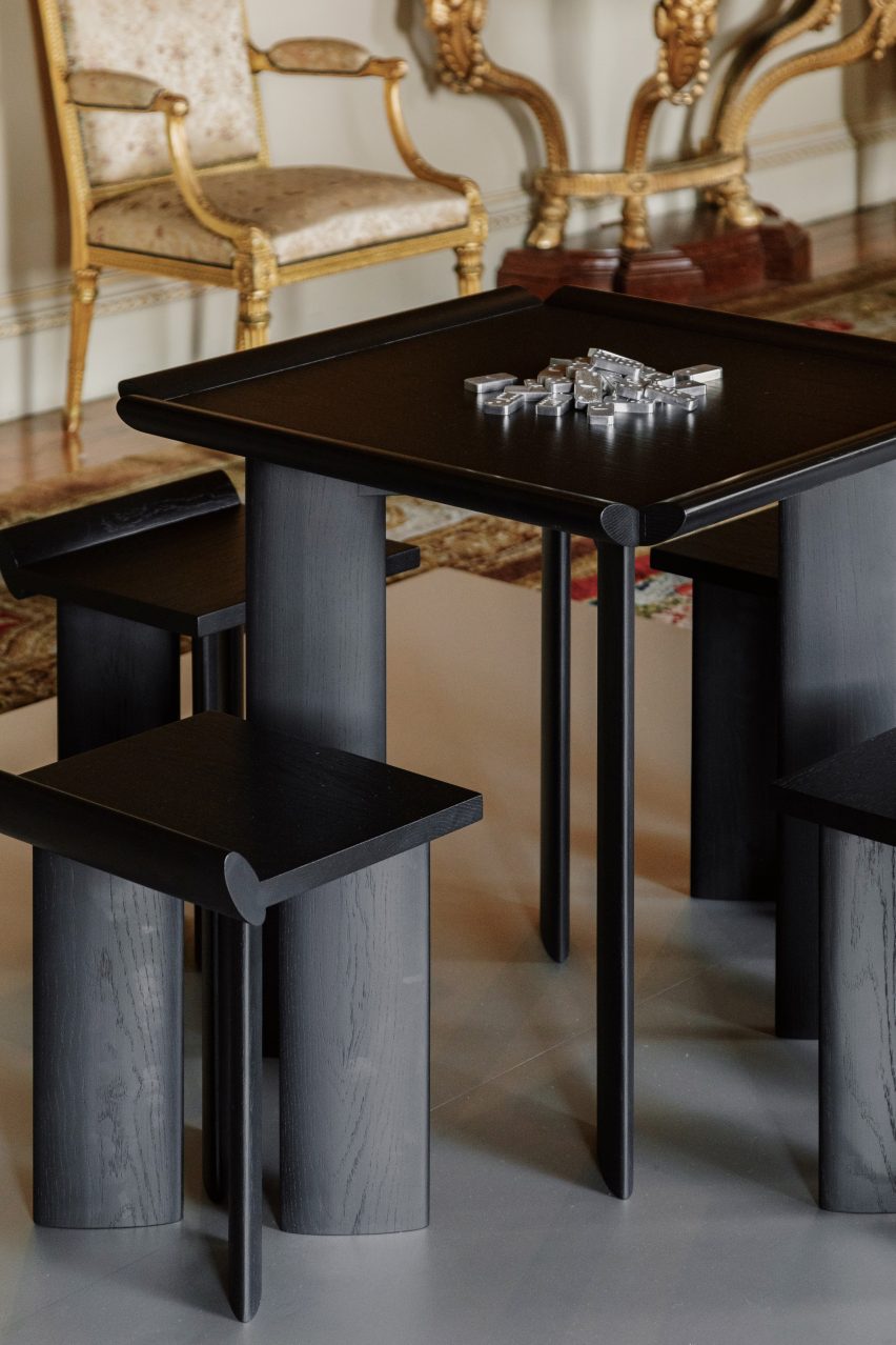 Cast aluminium dominoes on Open Code gaming table by Mac Collins at Harewood Biennial