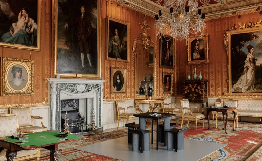 Open Code gaming table by Mac Collins under portrait of Edwin Lascelles at Harewood Biennial