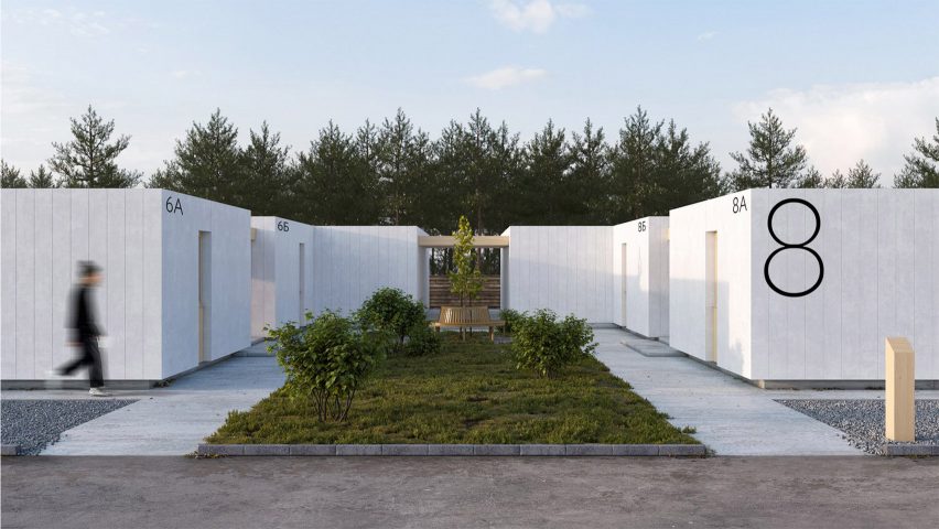 Render of modular units around a central courtyard in Re:Ukraine refugee village by Balbek Bureau