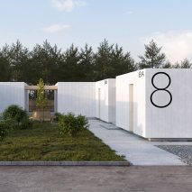 Render of modular units around a central courtyard in Re:Ukraine refugee village by Balbek Bureau