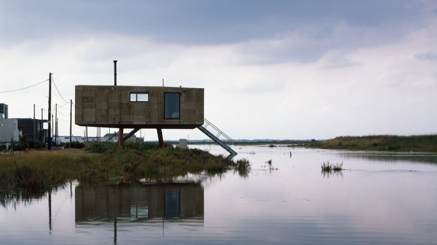 Redshank artist's studio by Lisa Shell raised above a tidal salt marsh, used to illustrate story about IPCC climate report