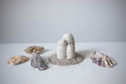 Burial pod made from pulverised oyster shells pictured next to oyster shells