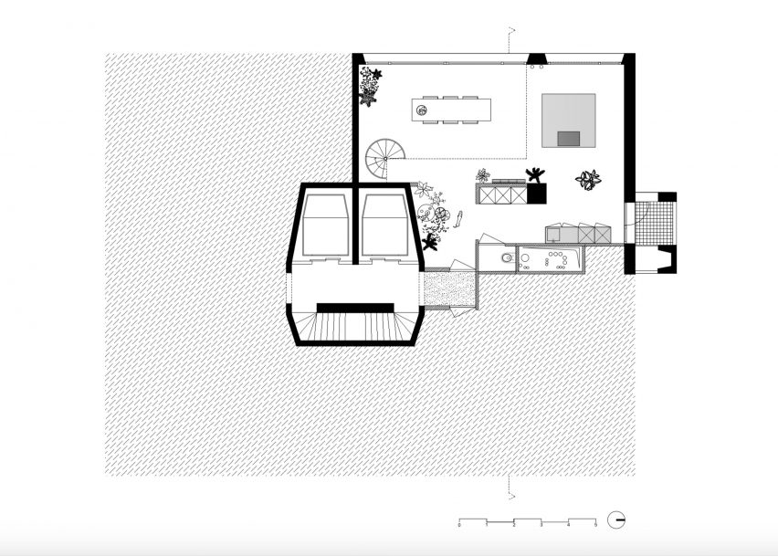 Lower floor plan of Riverside Tower apartment by Studio Okami Architecten