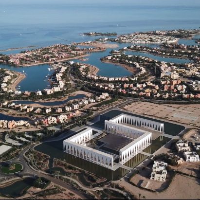 Drone footage showcases colonnaded Gouna Festival Plaza in Egypt