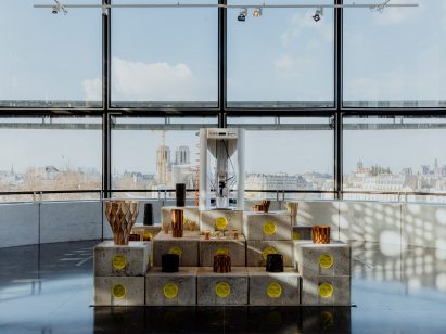 Ceramic vases on a stone podium