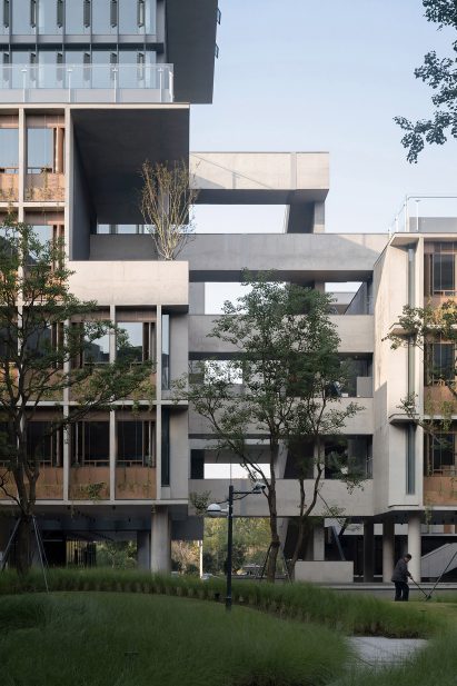 View of Luxelakes Floating Headquarters from a courtyard