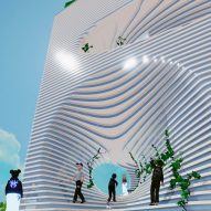 A white virtual office builing and employees
