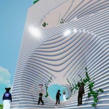 A white virtual office builing and employees
