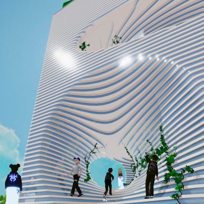 A white virtual office builing and employees